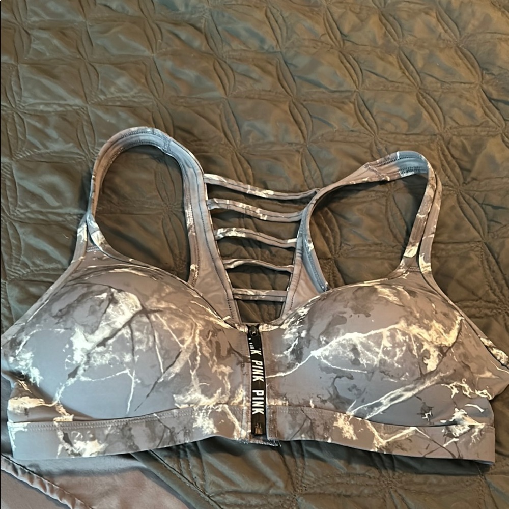 PINK Victoria's Secret Gray Marble Front zip Bra
